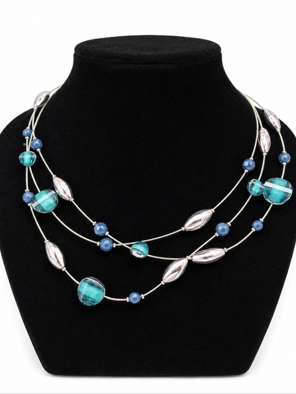 Blue Green Multi Strand Beaded Necklace Silver Tone Layered Statement Jewelry